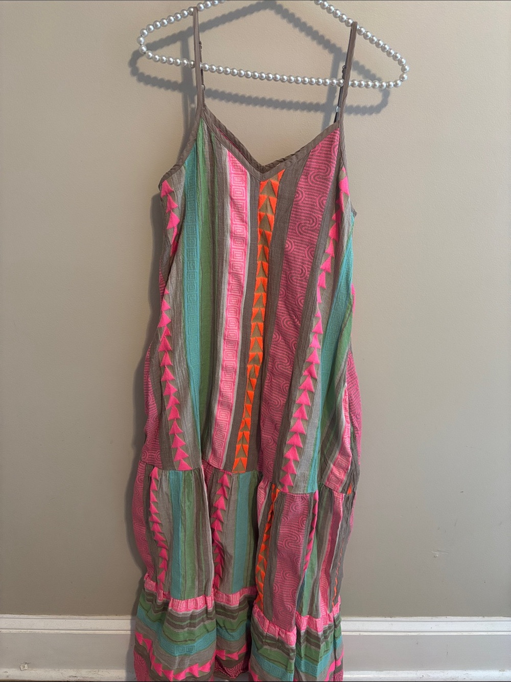 Elan Tulum Maxi Dress Medium M Neon Pink Green Aztec Striped Tiered Boho Pockets